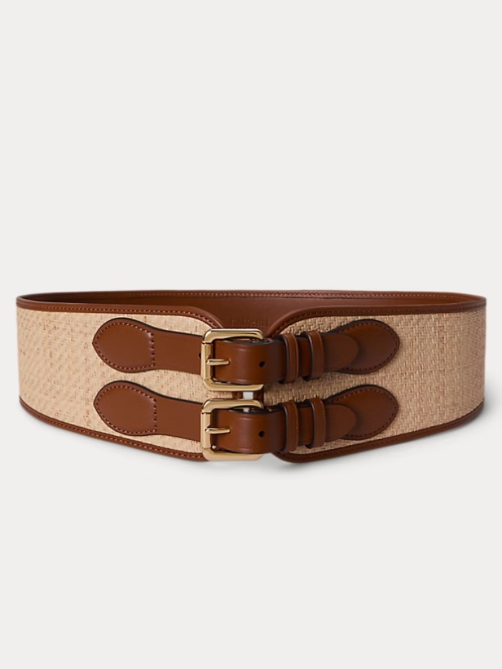 Lauren Ralph Lauren Raffia & Leather Double-Buckle Wide Belt Natural Tan